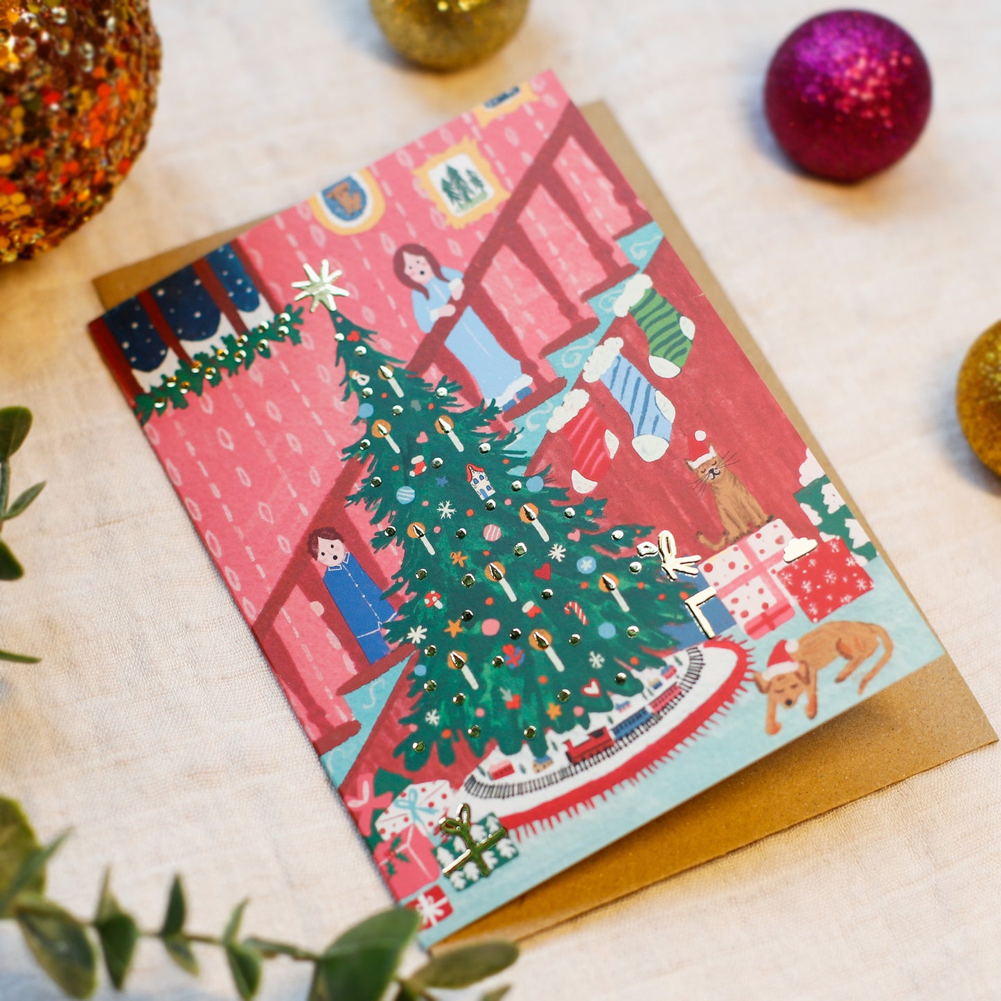Cosy Christmas Festive Staircase | Gold Foiled Charity Christmas Cards