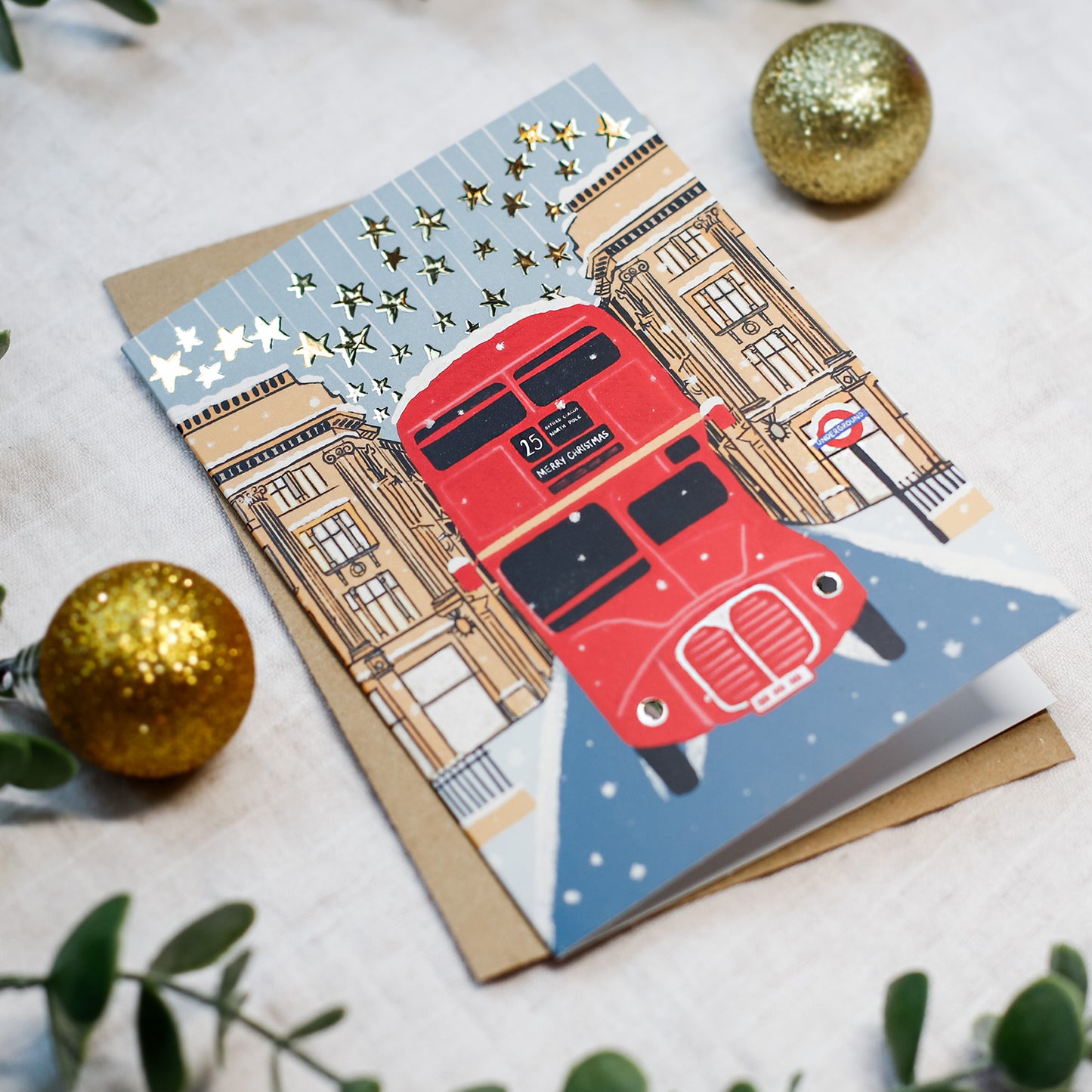 Christmas Lights London Bus | Gold Foiled Charity Christmas Cards